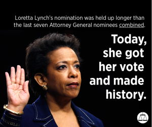 Mrs. Loretta Lynch, first Black Women to hold the Office of United States Attorney General. 